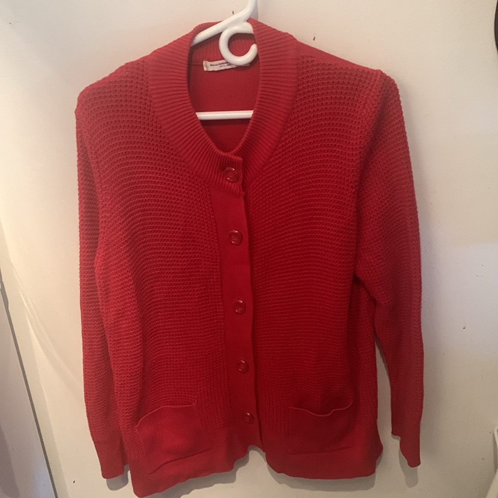 Stunning Allison Daley Cardinal Red Heavy Cotton Blend Knit Button Up Sweater LG